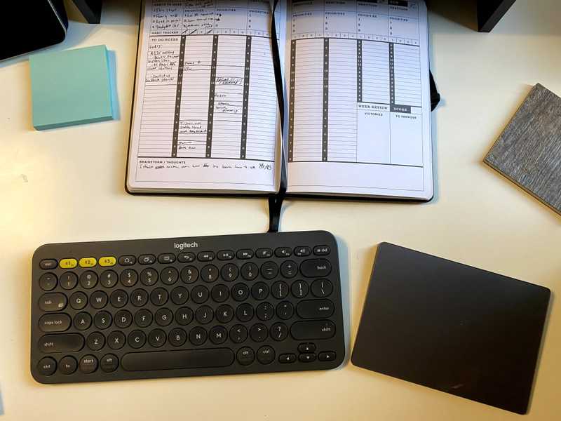 my daily planner, keyboard, and mouse